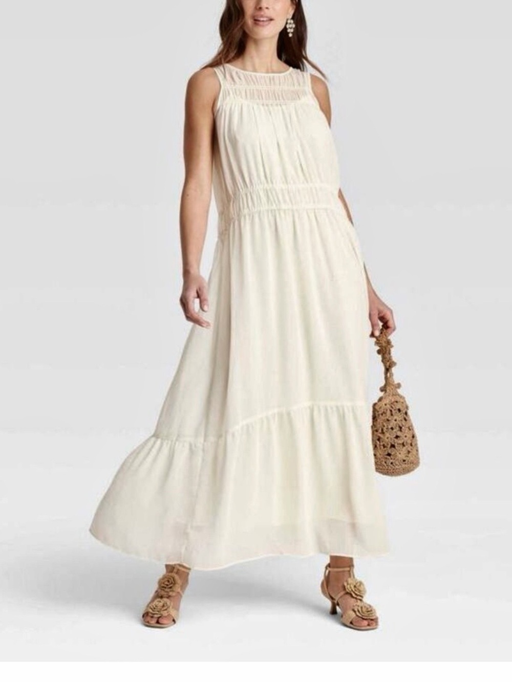 Mesh flowy ivory Cream Maxi Dress with Sheer slip linking dress included